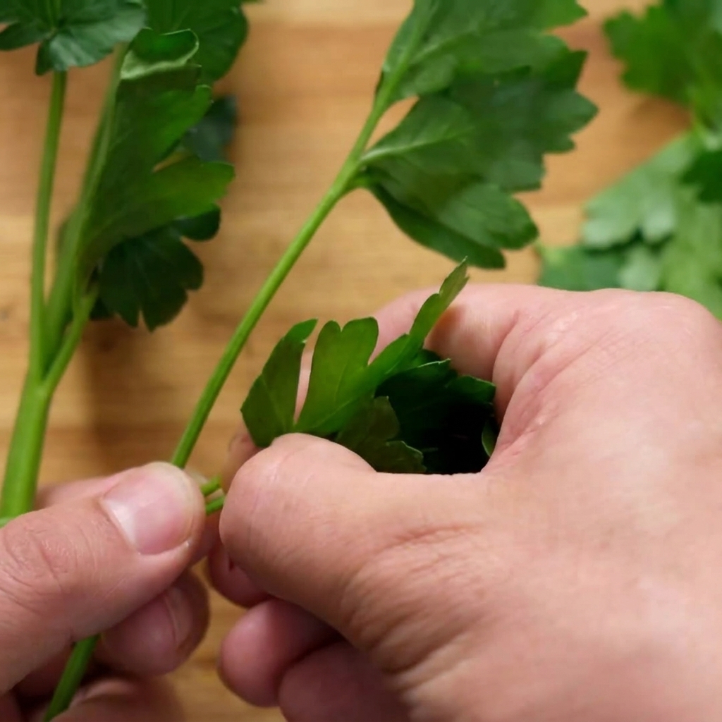 Hands carefully picking green parsley leaves off their thick stems.