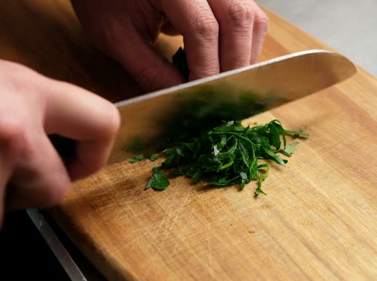 A person using a large chefs knife to finely chop fresh parsley leaves on a wooden board.