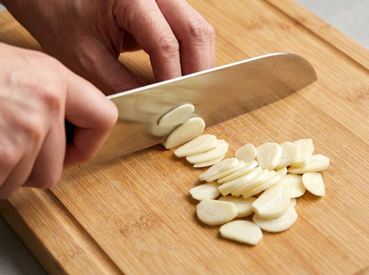 Hands slicing peeled garlic cloves into thin, uniform pieces on a wooden cutting board.
