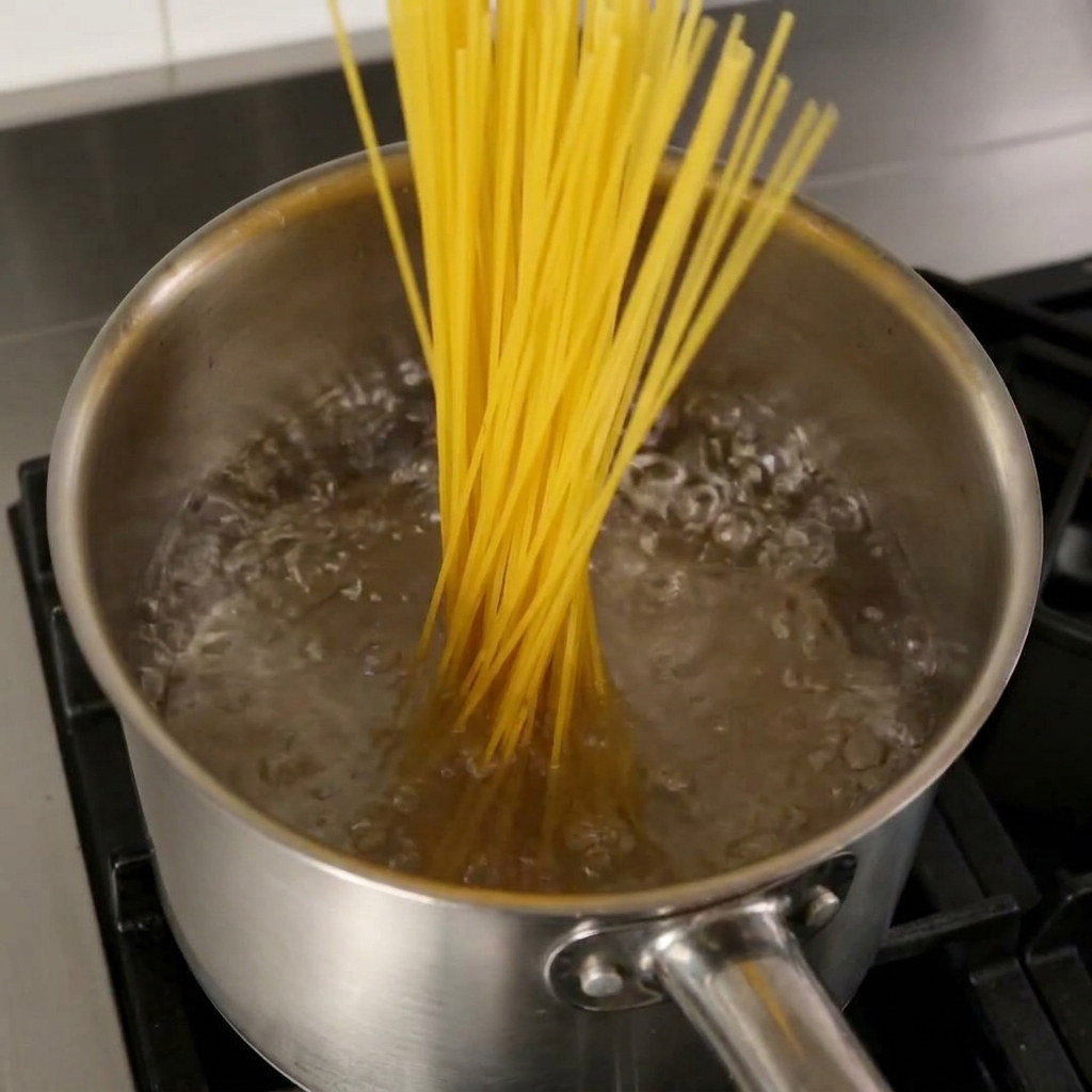 A bundle of dry spaghetti being lowered into a stainless steel pot filled with rapidly boiling water.
