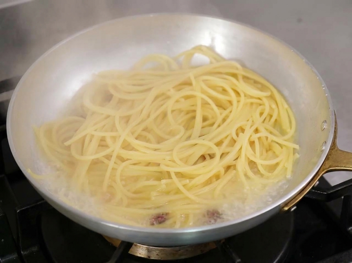 Spaghetti simmering rapidly in a pan with bubbling starchy pasta water and olive oil.