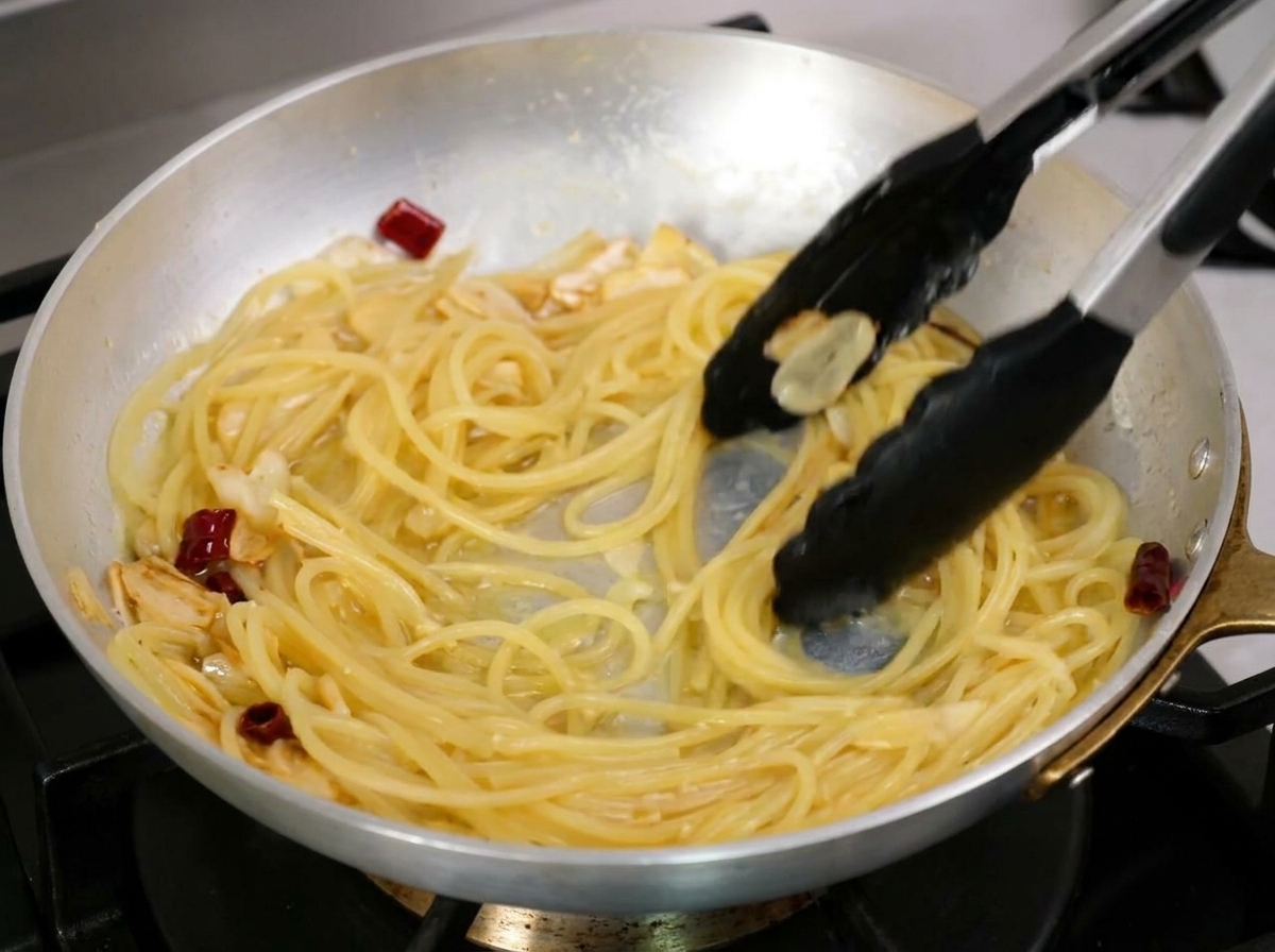 Tossing spaghetti in a pan using black kitchen tongs to create an emulsified garlic and oil sauce.