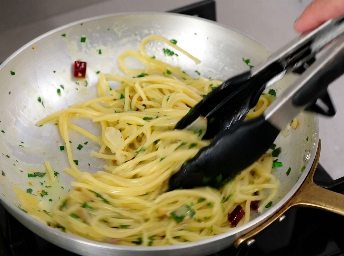 A neat swirl of cooked spaghetti sitting in a shallow ceramic bowl topped with bright green herbs and toasted garlic slices.