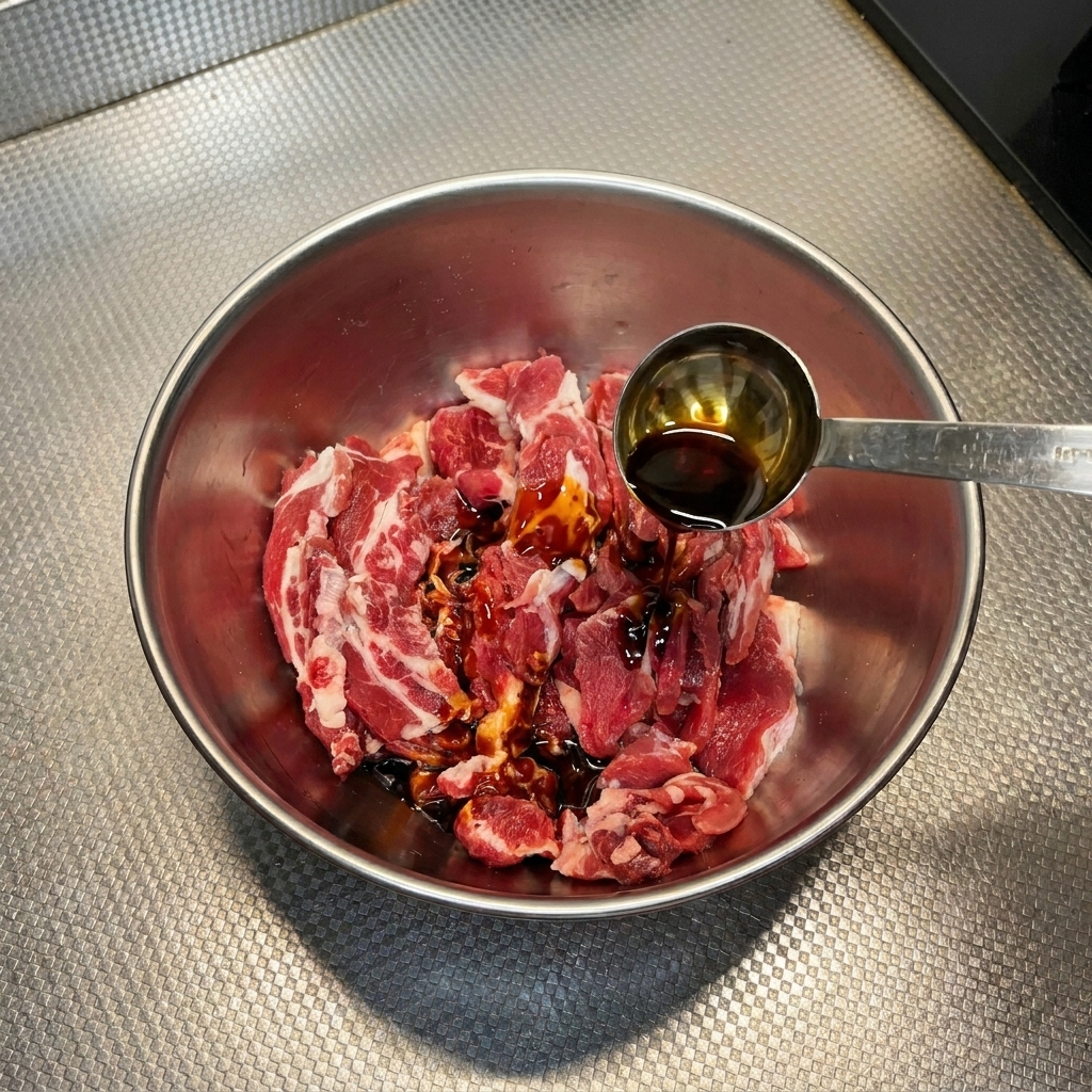 Pouring dark soy sauce from a measuring spoon over raw beef slices in a metal bowl.