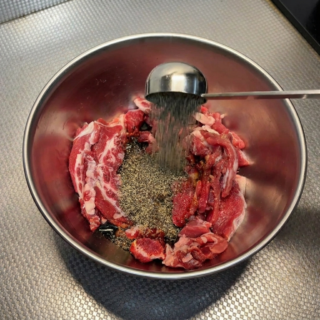 Sprinkling ground black pepper from a spoon onto raw beef slices in a mixing bowl.