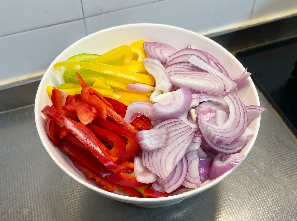 A white bowl filled with uniformly sliced red onions, along with yellow and red bell peppers.