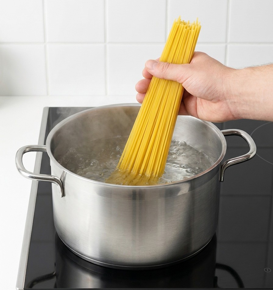 A hand placing a bundle of dry spaghetti noodles upright into a stainless steel pot of boiling water.