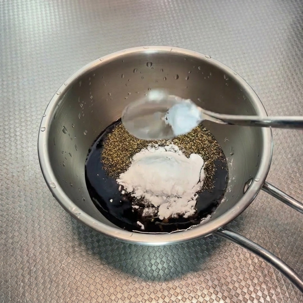 A spoon adding white starch powder into a small metal bowl containing a dark savory sauce mixture.