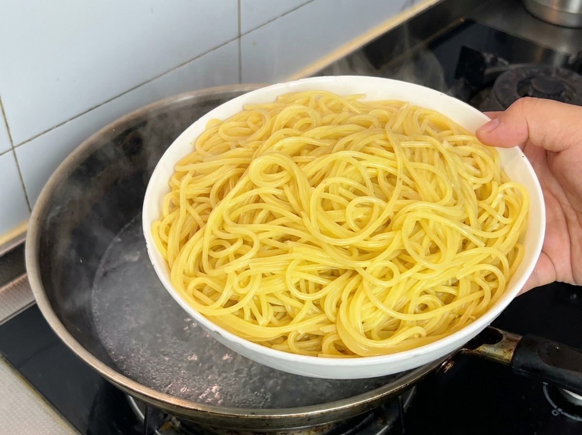 A hand holding a white bowl filled with freshly boiled spaghetti over a steaming pot of water.