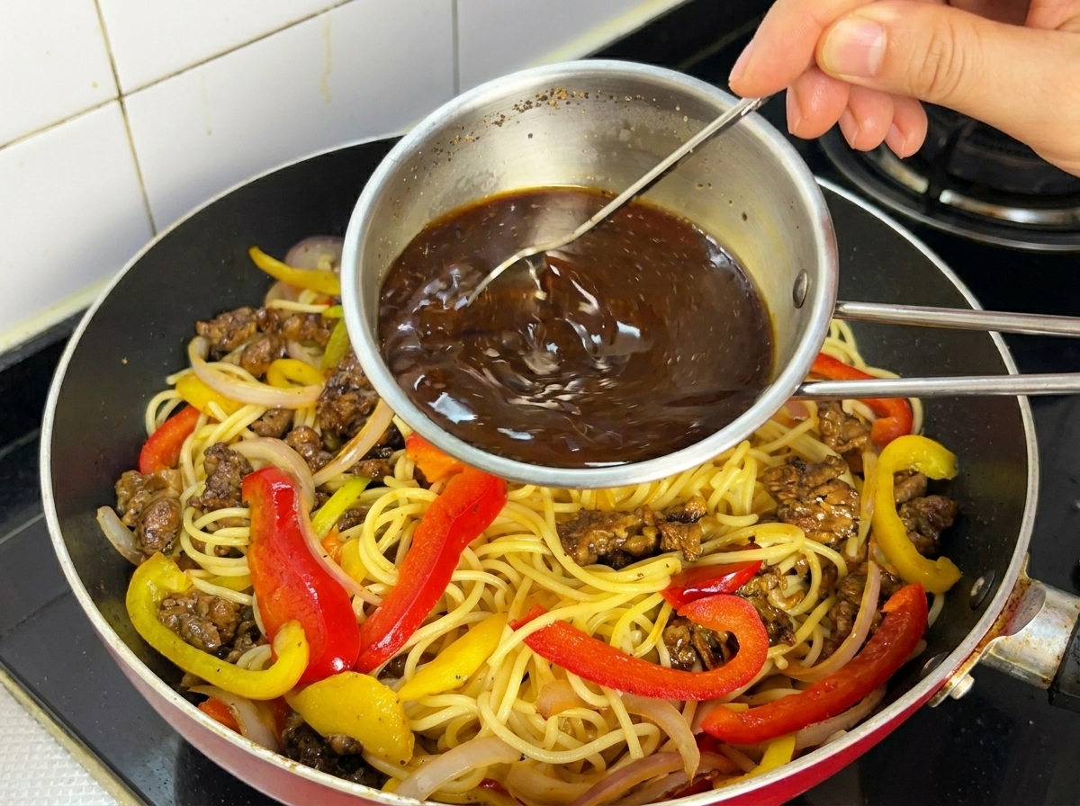 Dark black pepper sauce being poured from a metal measuring bowl over spaghetti, beef, and vegetables in a pan.