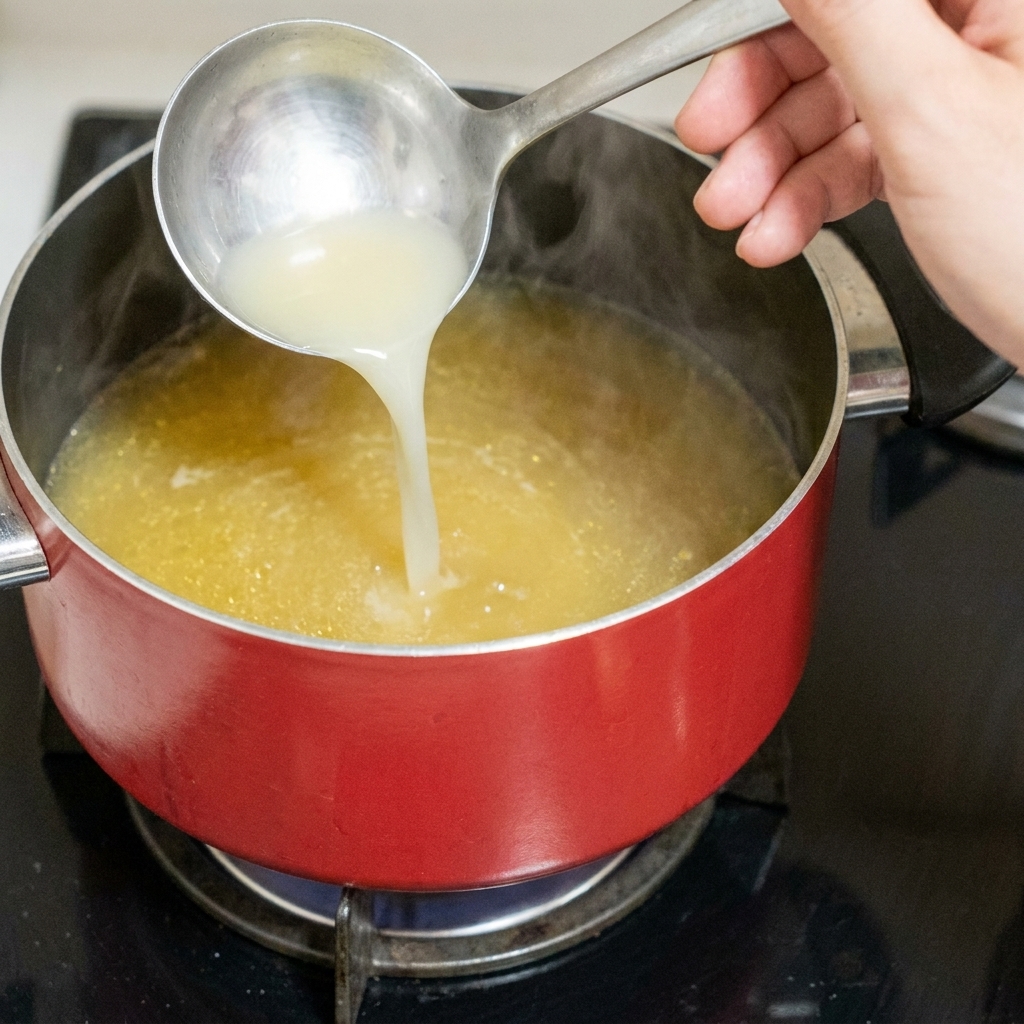 A hand sprinkling a spoonful of salt into a red pot of boiling spaghetti.