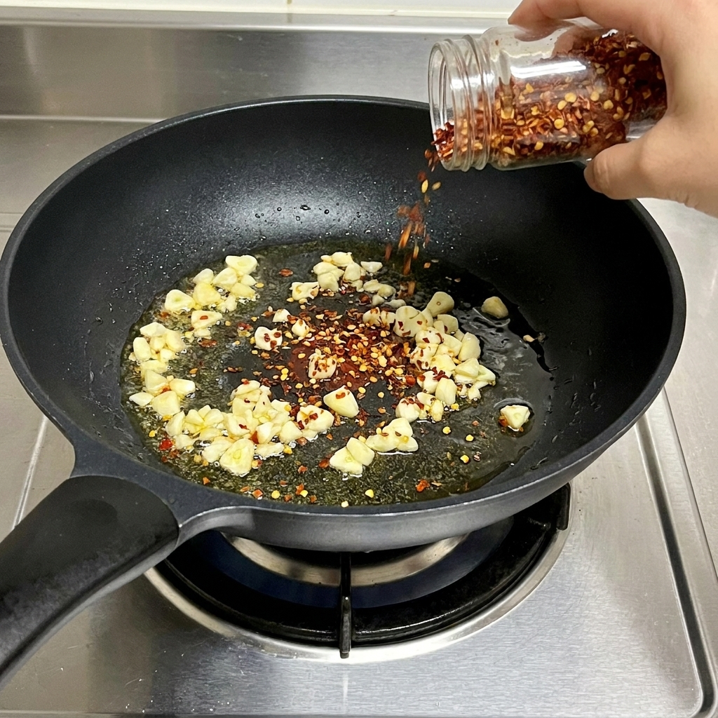 Red chili flakes being shaken from a glass spice jar into a pan containing sautéed garlic.