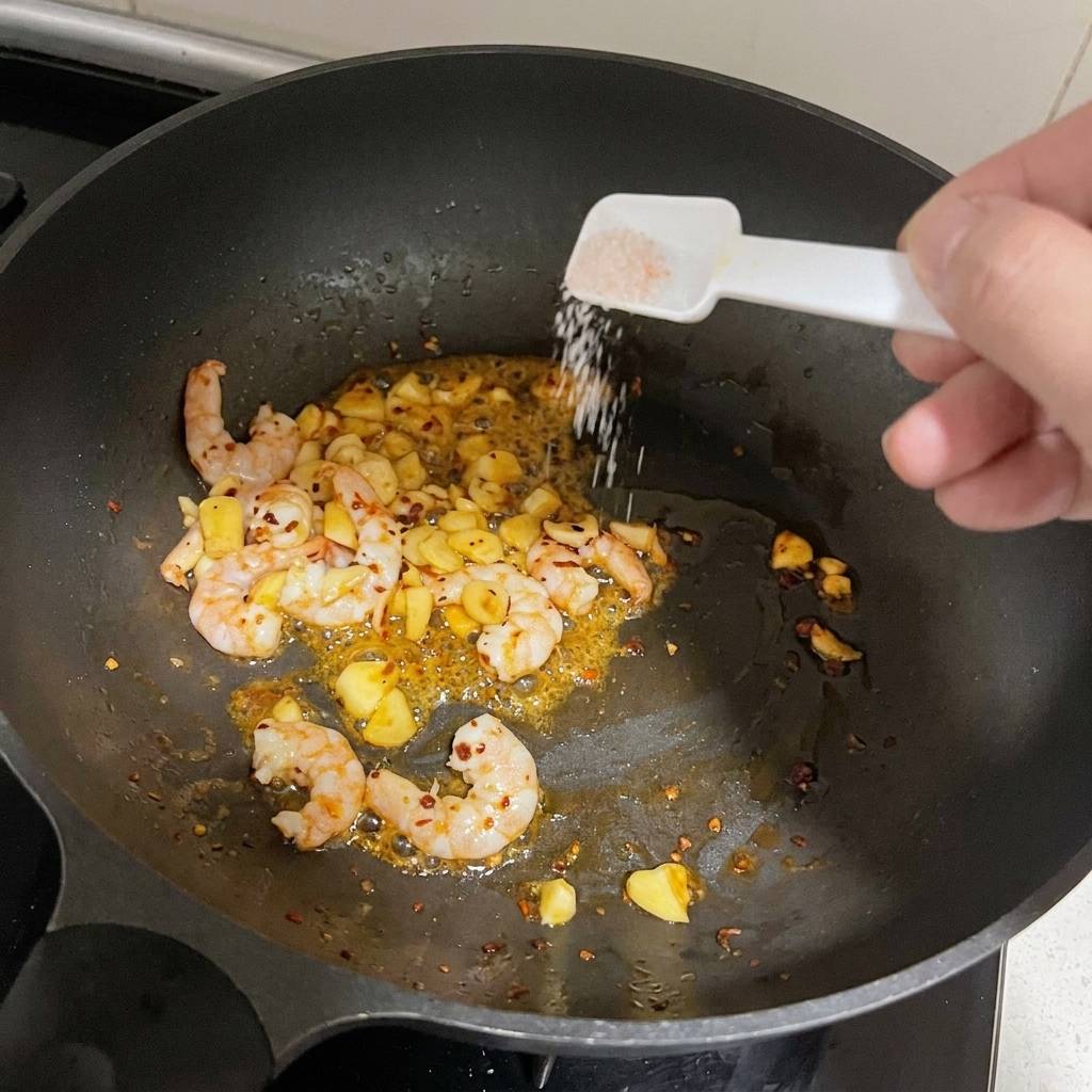 A small measuring spoon sprinkling salt over partially cooked pink shrimp and golden garlic in a black wok.