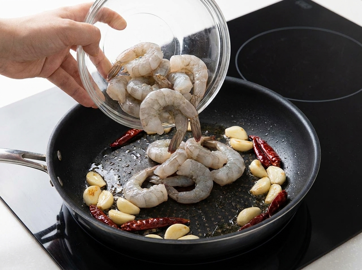 Raw shrimp being poured from a glass bowl into a hot frying pan with garlic cloves and dried chilies.