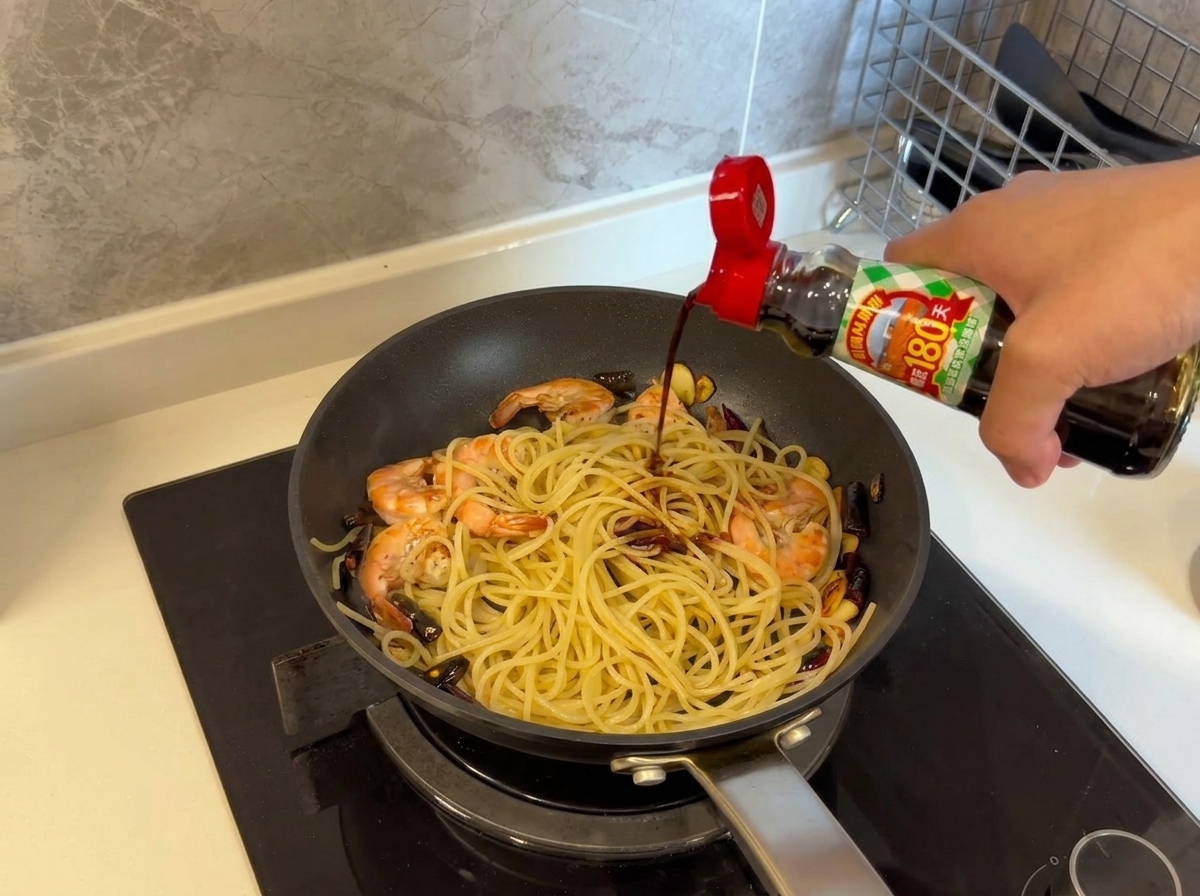 Light soy sauce being poured from a bottle onto spaghetti and cooked shrimp in a frying pan.