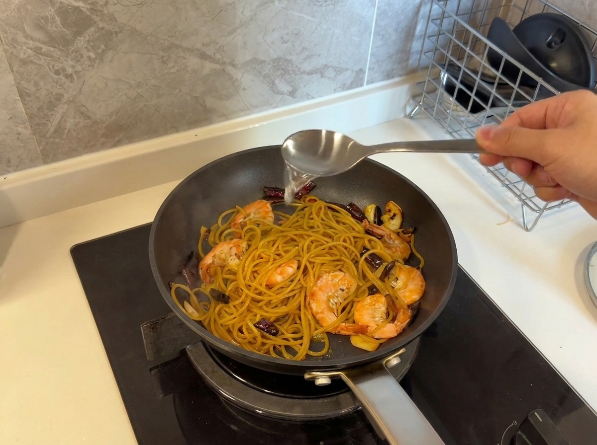 A metal spoon pouring clear pasta water into a pan filled with garlic shrimp spaghetti.
