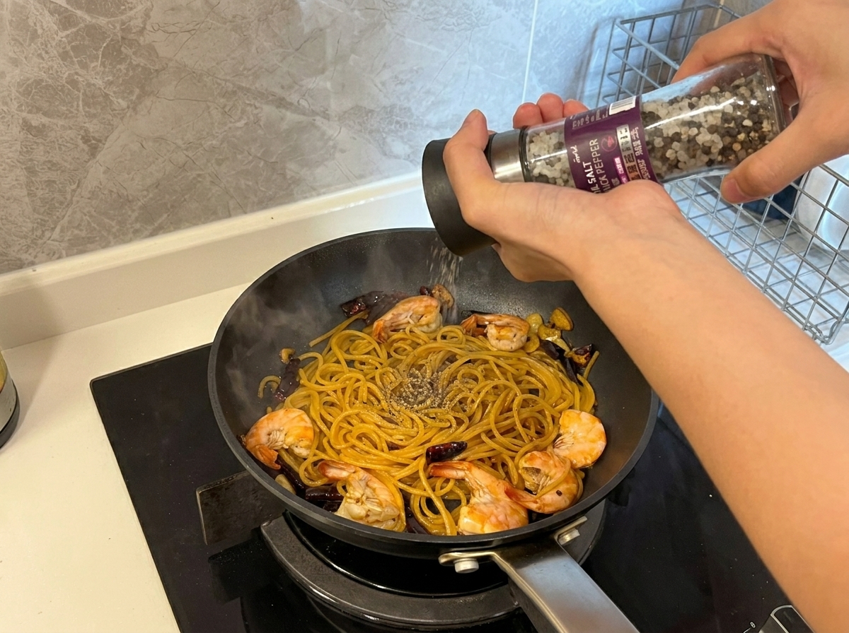 Fresh black pepper being ground from a mill over a pan of cooked shrimp and spaghetti.