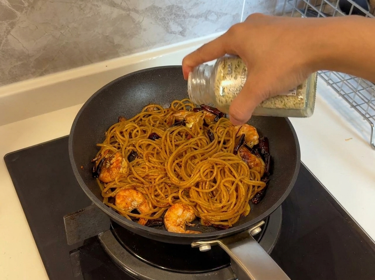Dried parsley flakes being sprinkled from a glass jar onto a hot pan of finished garlic shrimp pasta.