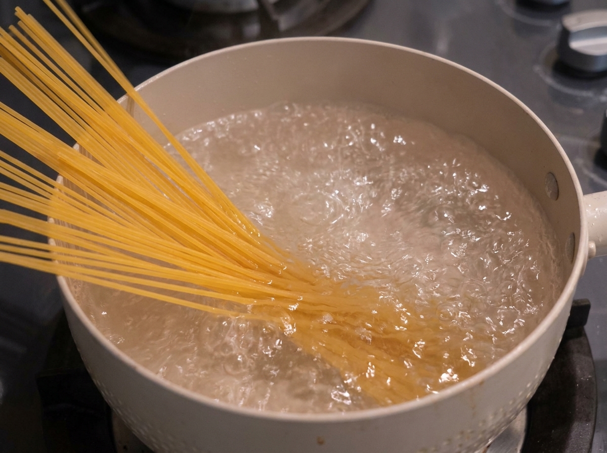 Dry spaghetti noodles submerged in a bubbling pot of boiling water.
