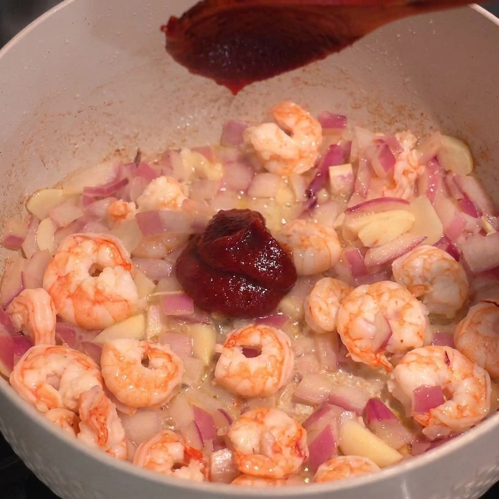 A dollop of red Korean spicy paste added to partially cooked shrimp in a pan.