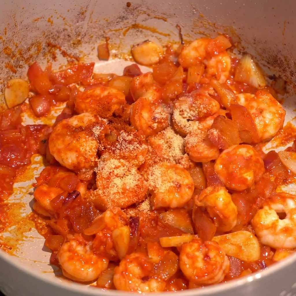 Close-up of shrimp and chopped onions in a simmering red sauce with dry spices freshly sprinkled on top.