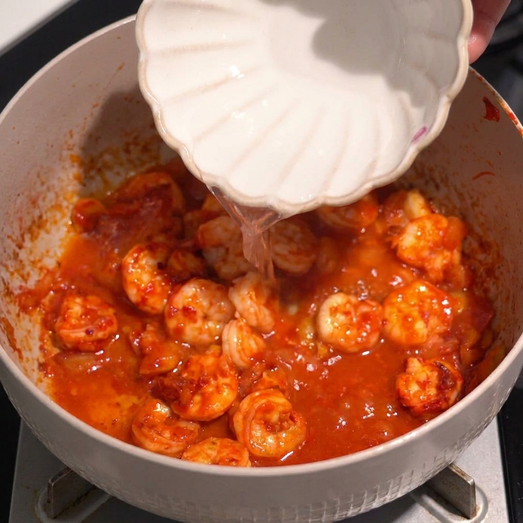 Hand holding a small white, scallop-edged bowl pouring water into a cooking pan filled with seasoned shrimp in a vibrant red sauce.