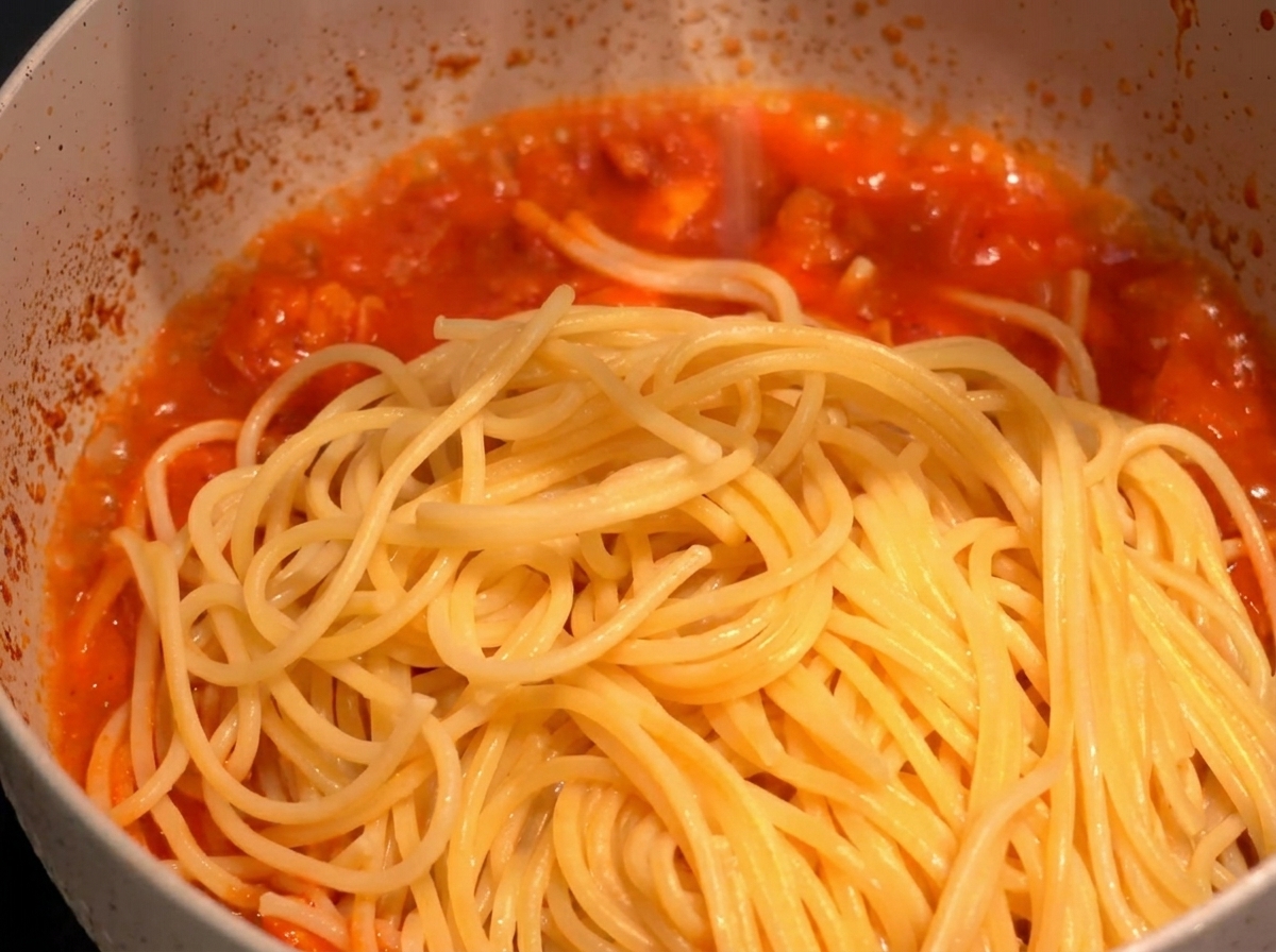 Freshly boiled spaghetti noodles resting over a bubbling red sauce with shrimp in a cooking pot.