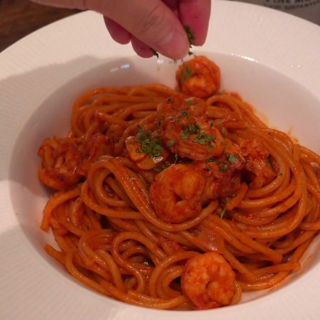A hand sprinkling green chopped parsley over a plated bowl of glossy red, spicy shrimp pasta.
