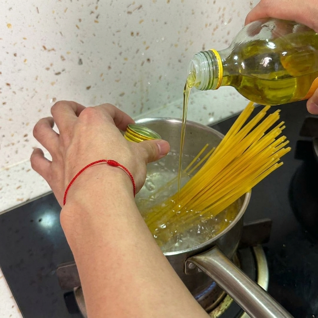 A hand pouring golden olive oil from a glass bottle into a pot of boiling spaghetti, while another hand holds the bottle cap.