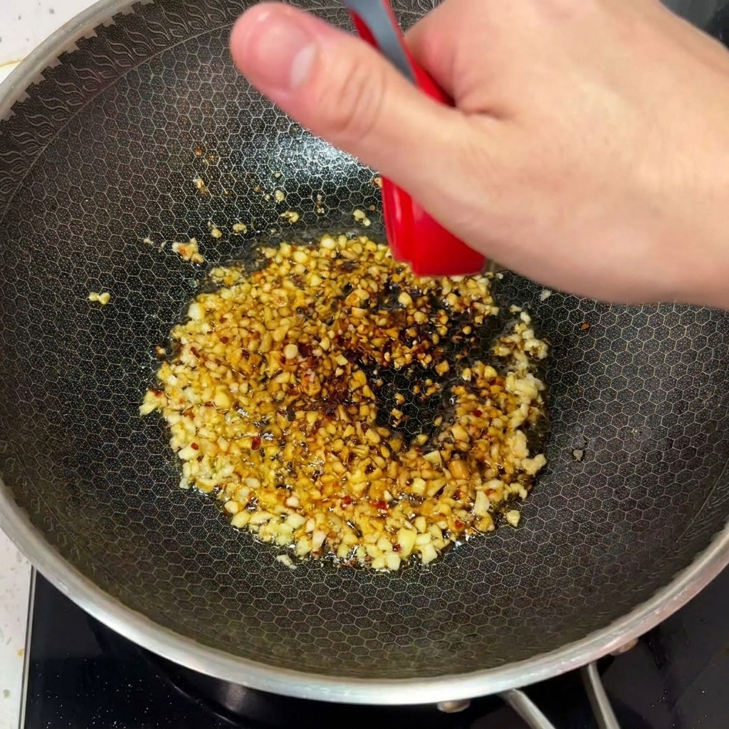A hand sprinkling red chili flakes from a shaker into a wok with sizzling minced garlic.