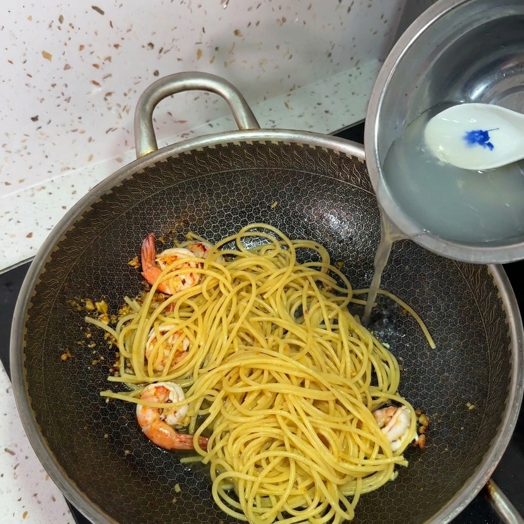 Pouring cloudy, starchy pasta water from a metal bowl into a wok containing spaghetti and cooked shrimp.