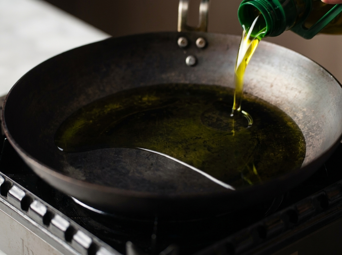 Cooking oil being poured from a green bottle into a heated carbon steel skillet.