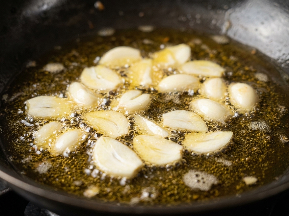 Sliced garlic cloves sizzling and bubbling gently in a pan of golden shrimp-infused oil.
