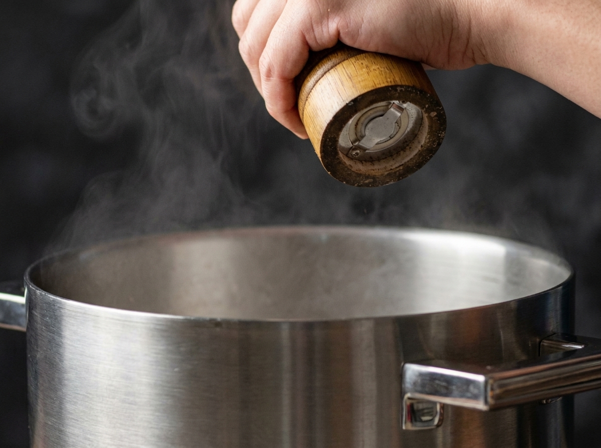 A hand twisting a wooden salt mill over a steaming stainless steel pot of boiling water.