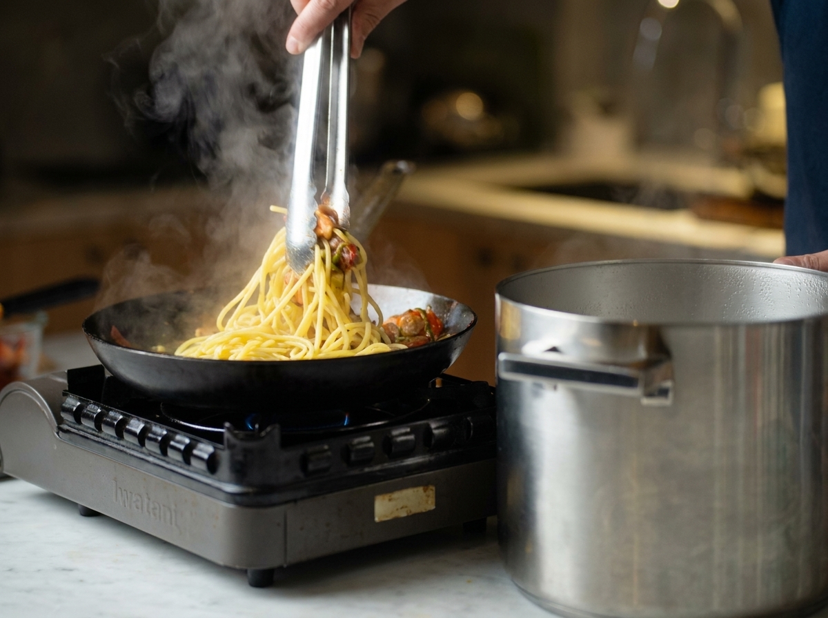 A metal ladle pouring cloudy cooking water into a sizzling pan filled with shrimp and cooked spaghetti.