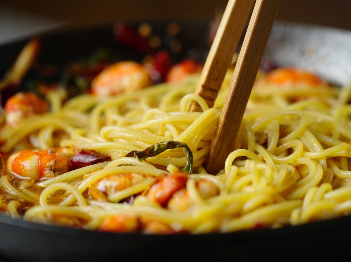 Wooden chopsticks tossing spaghetti noodles with cooked shrimp and chili peppers in a skillet.