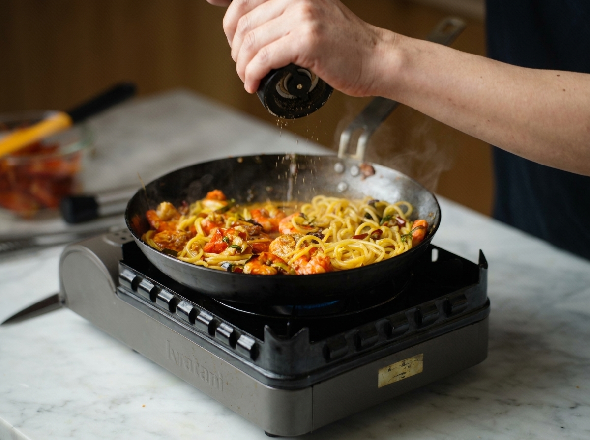Hands using a grinder to add salt over a pan of freshly cooked garlic shrimp spaghetti.