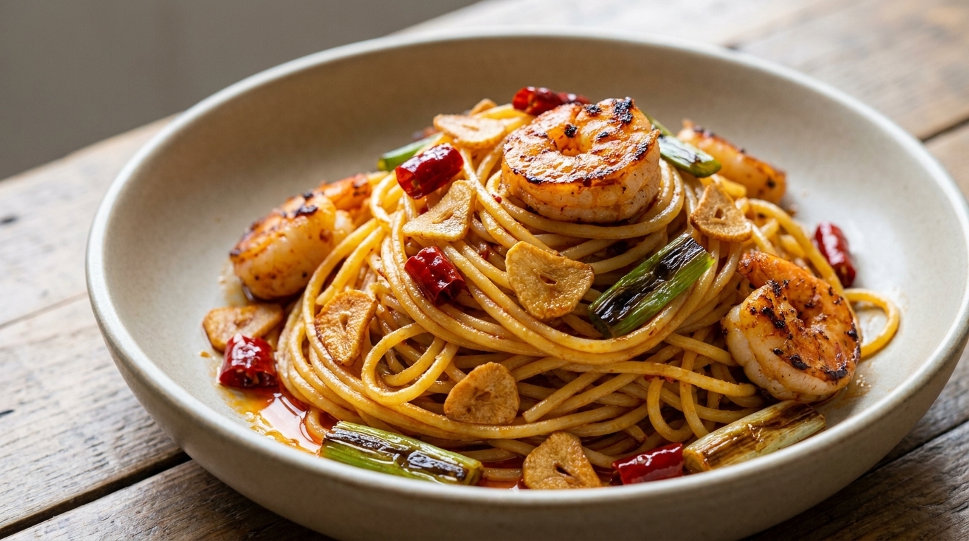 Garlic and Shrimp Oil Spaghetti with Charred Scallions