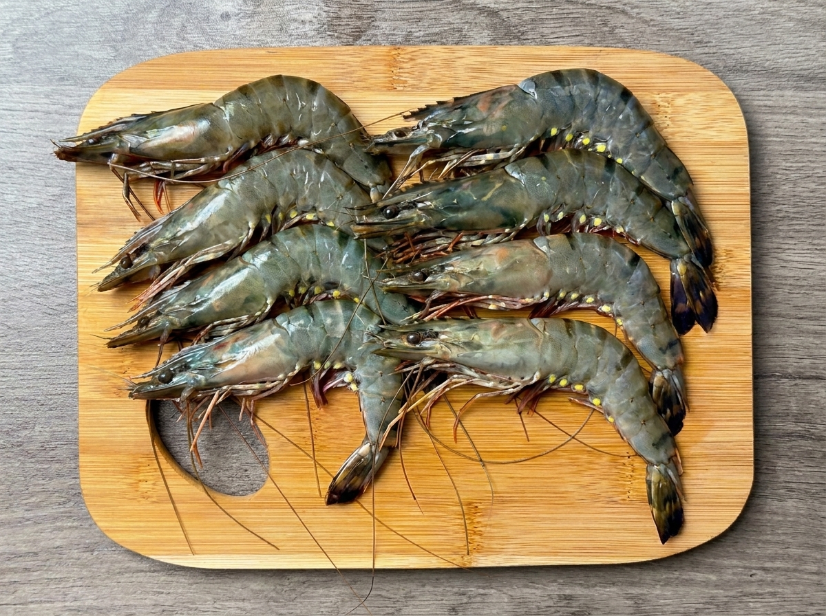 Whole raw shrimp arranged neatly on a wooden cutting board.