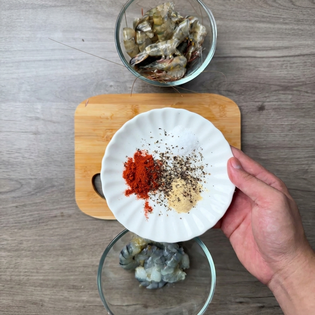 A hand holding a small plate of dry spices, getting ready to pour them over a glass bowl filled with peeled raw shrimp.