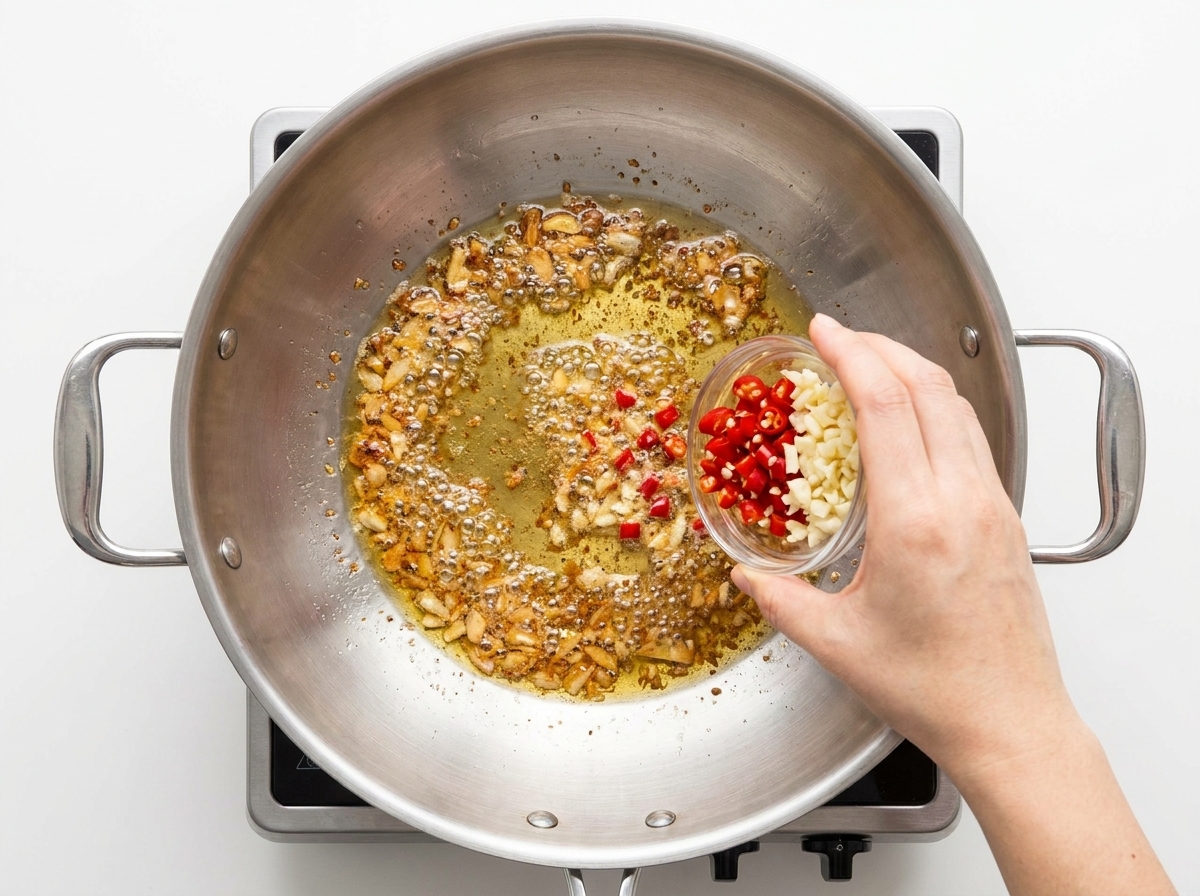 Chopped red chilies and garlic being added to a simmering pan of seasoned oil.