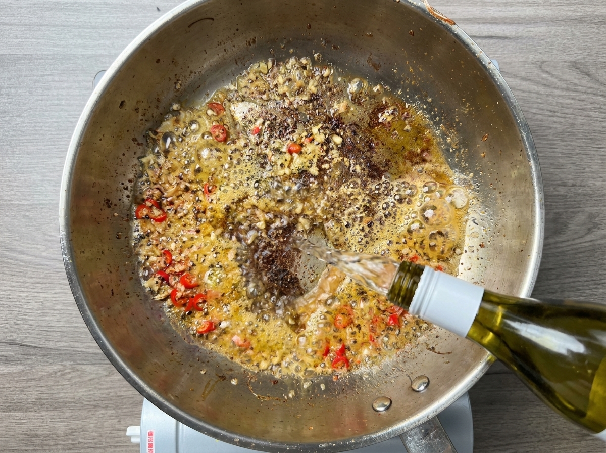 White wine being poured from a green bottle into a hot stainless steel pan with a bubbling garlic and chili sauce.