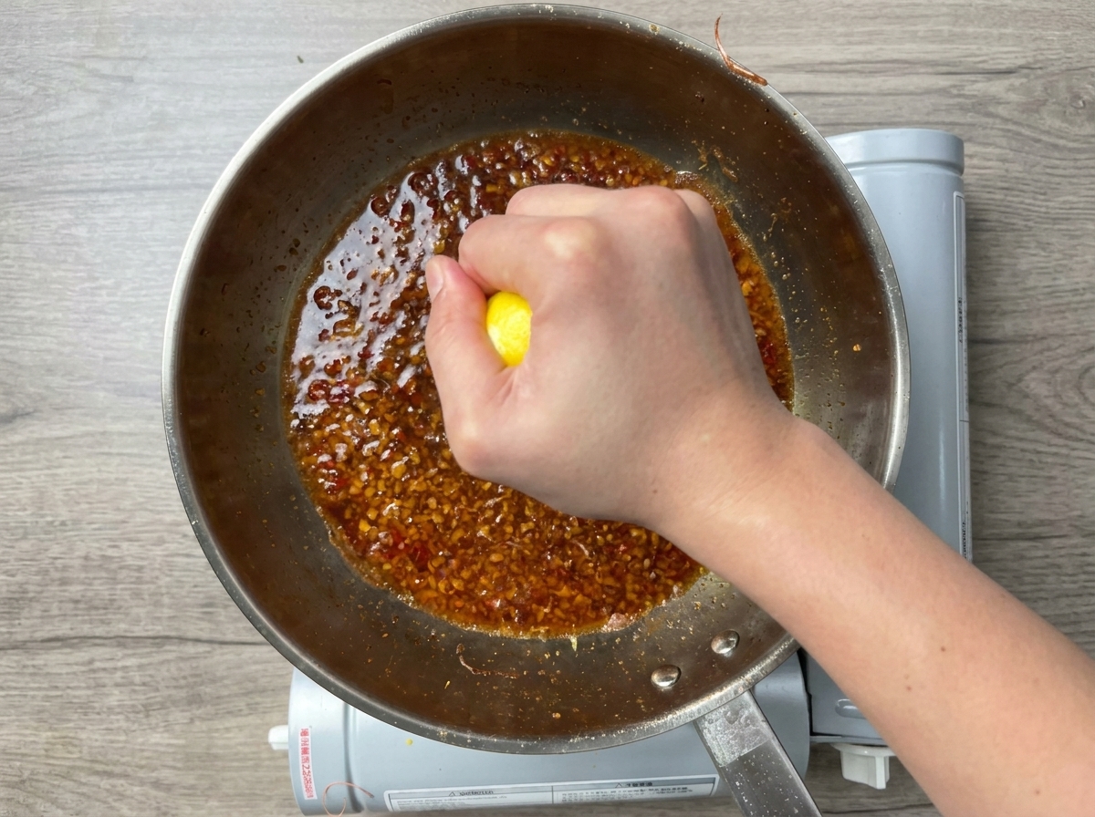 A hand squeezing a fresh lemon half into a bubbling red garlic sauce in a pan.