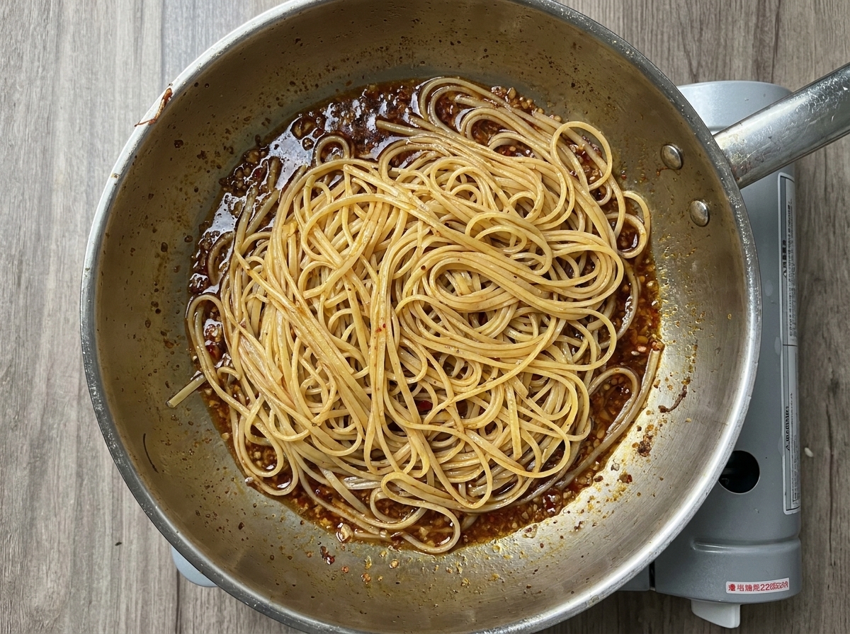 Cooked linguine noodles being mixed into a rich, reddish garlic and chili sauce in a stainless steel skillet.