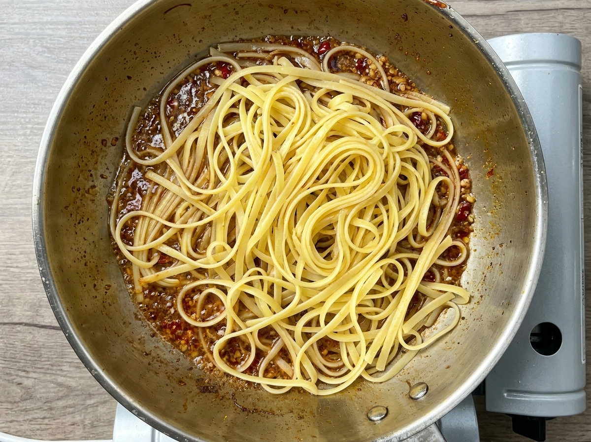 Cooked linguine pasta resting in a stainless steel pan over a rich garlic and chili sauce.
