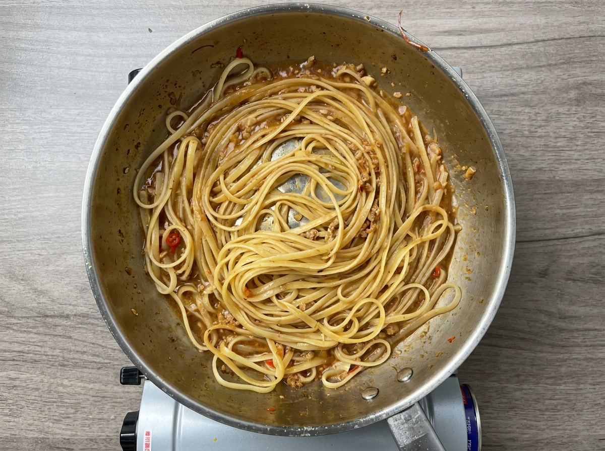Linguine pasta tossed in a glossy garlic sauce inside a stainless steel pan.