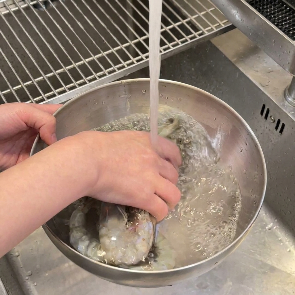 Hands washing whole raw shrimp in a metal bowl under a stream of running water.