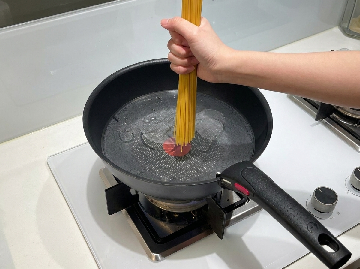A hand holding a bunch of dry long spaghetti noodles vertically and pushing them into a pot of boiling water.