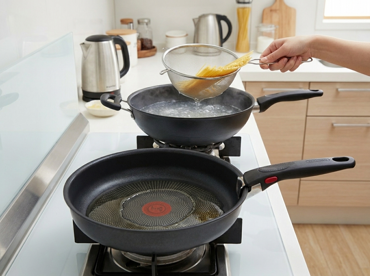 A wire skimmer lifting cooked spaghetti out of a pot of hot water next to an empty frying pan on a stovetop.