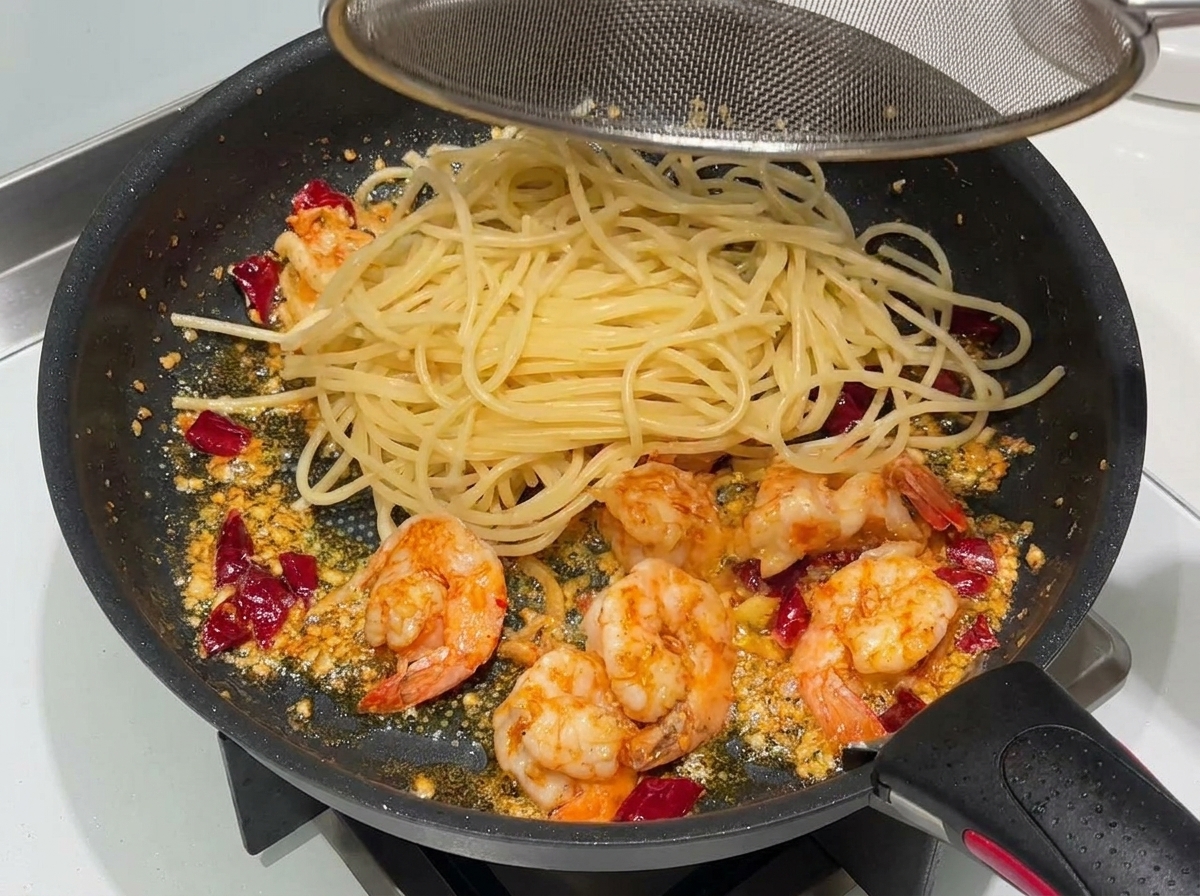 Cooked spaghetti being transferred from a wire strainer into a frying pan containing cooked shrimp, garlic, and dried chilies.